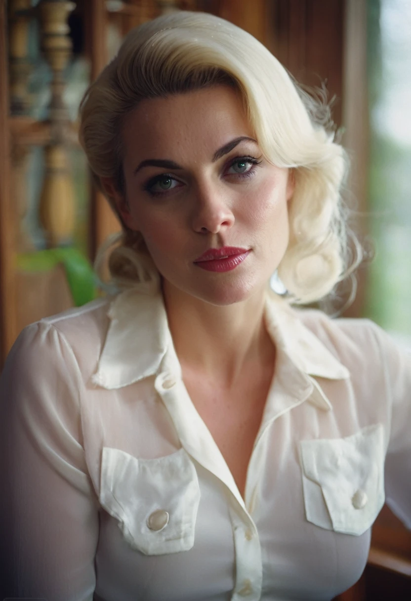 (Sara gadon from the series 22.11.63) as a 60s school teacher in a white blouse, soft focus, vintage, Americana, platinum blonde, 60s film, cinematic, elaborate details, (unbuttoned open wet white blouse), caught in the rain, close up, intimate, wet, transparent, sensual, panting by a fireplace, (open vintage silk bra), unbuttoned skirt, undressing, (one bare beast) skirt undone, hip, thigh, panty waist, navel