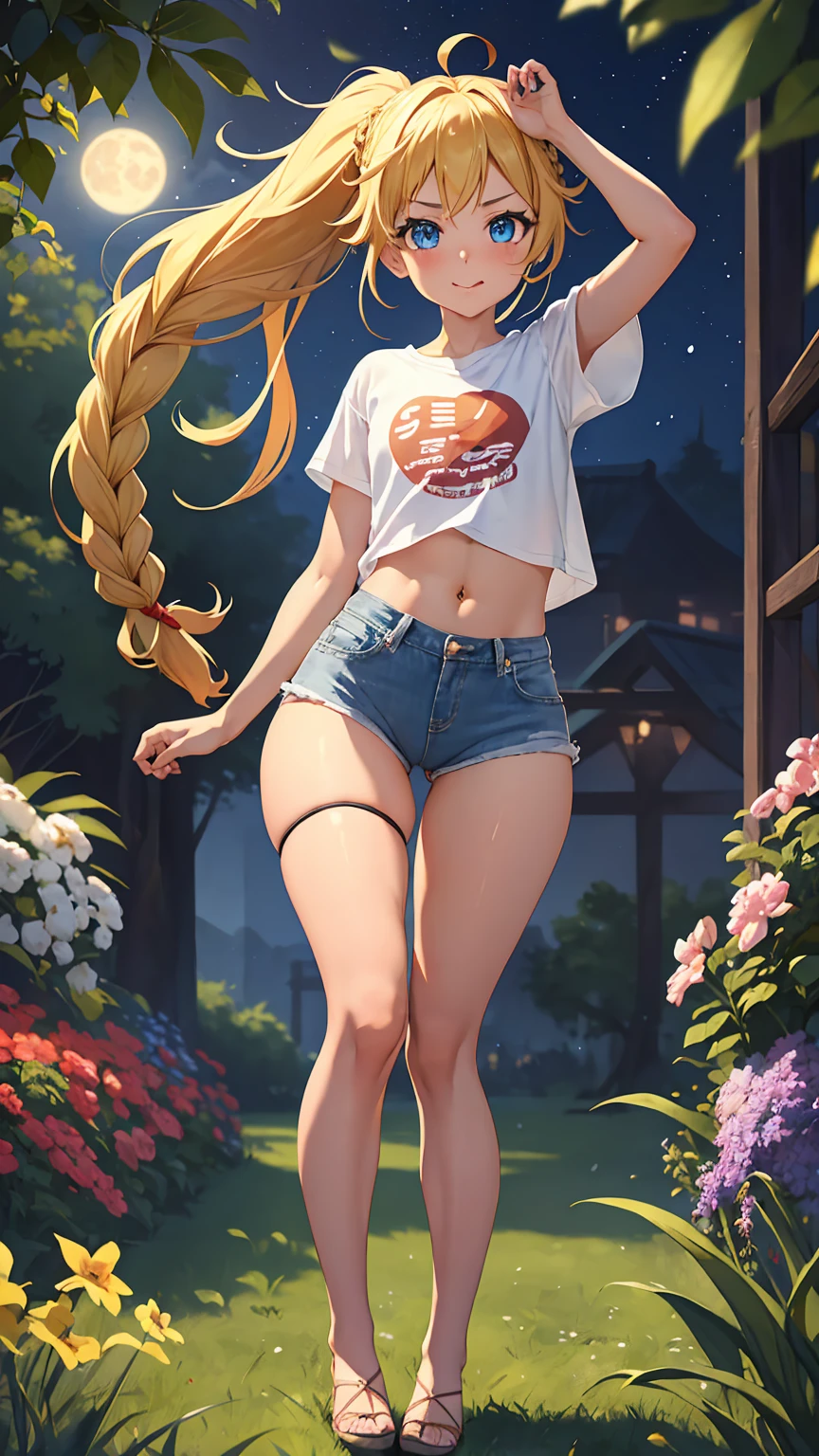 1girl, anime girl, anime, (tanned skin), 2d girl, **y, (fullbody), standing, anime girl, blue eyes, licking lips, (ahoge, long hair, braid single ponytail, blonde hair), ruffled t-shirt, Solo, Slim, flat chest, Tight Shorts, low waist shorts, upshorts, The dark night garden background, low light, moon, stars in the sky, looking at viewer, (((explicit))), (((shorts))), (((absurdres))), (((thigh gap))), cameltoe, (((cameltoe))), (((cleft of venus))), (((lowleg shorts))),