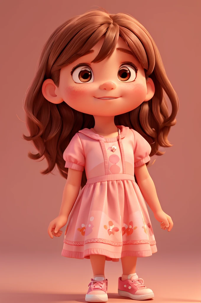 A 4 year old girl, fair skin, big brown eyes, long light brown hair with bangs, round medium cheeks, small nose, pink dress, red sneakers, pixar style, 3D, detailed face, 16k, asymmetrical, transparent background
