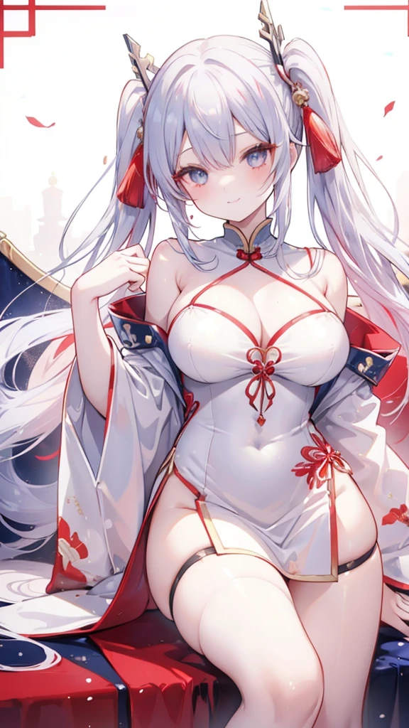 Silver Hair、Twin tails、Red gradient hair、Navy blue hair ornament、Golden hair ornament、Red and navy blue odd eyes、smile、Grown-up、Big Breasts、White Chinese Dress、red decoration、Navy blue decoration、Golden decoration、Silver decoration、Shoulder Bare、Chest、Black tights、Chinatown