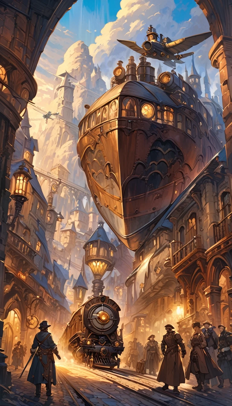 steampunk, scenery, fantasy, medieval, train, aircraft, (art inspired by Bill Sienkiewicz). oil painting)