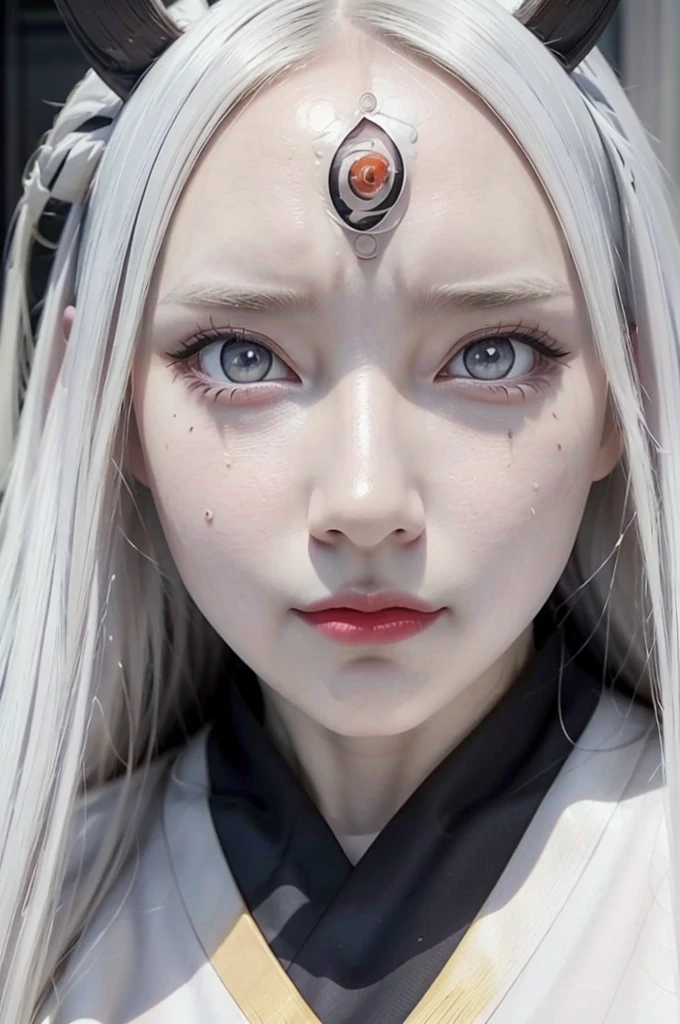 Kaguya from naruto anime, realistic, age 28, pure white skin, natural black horns, white pupils, third eye on forehead, white long hair, perfect face, perfect size body, perfect large breasts, white and black outfit, posing to viewer, 8k , ultra realistic.