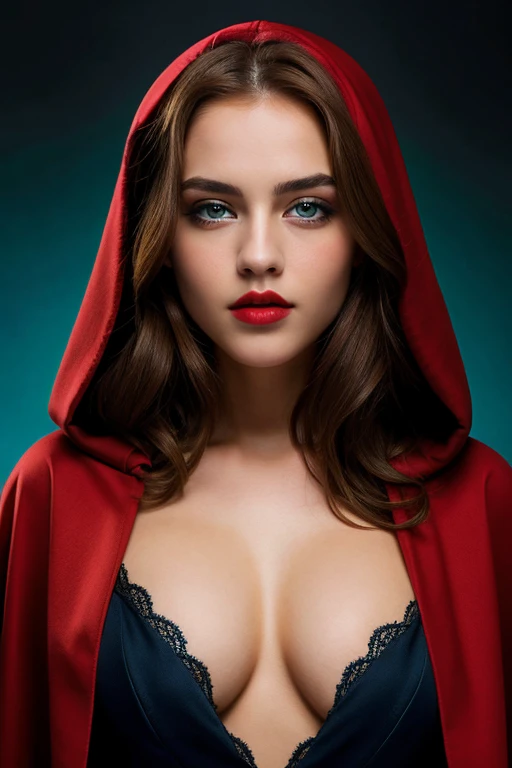 masterpiece), ultra quality, expressive eyes, perfect face,perfect hands,perfect ,brown hair,hair between eyes,scarlet red hood on her head,hetereocromia eyes,blue and green eyes, big ,black lips,blue eyelines,full figure,full details,