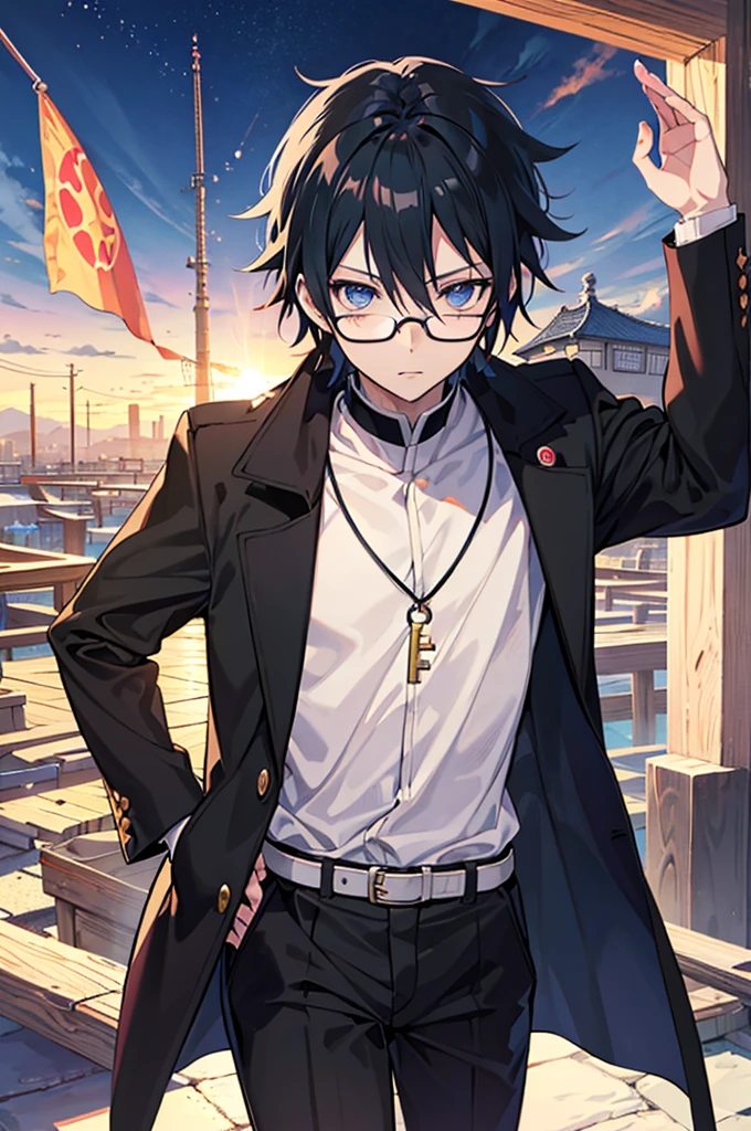 anime - style image of a man wearing a black coat and glasses, tall anime boy with dark blue eyes, okata kazuto, inspired by Yamagata Hiro, anime art style Moe, inspired by Sasuke Uchiha, key anime art, long black haired magician, man, inspired by Nagato Uzumaki, male anime character, ikuto yamashita, anime medieval city background.