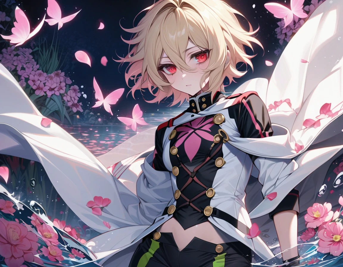 extremely detail, highres, most absurd, mika hyakuya, wavy blonde short hair, red eye, Owari no Seraph, white long coat with pattern, pink flowers, Petals, extremely pretty, Sexy Mann, alone, very detailed eyes and face, black gloves, aquatic, black pants, pink butterflies, Black tight t-shirt,