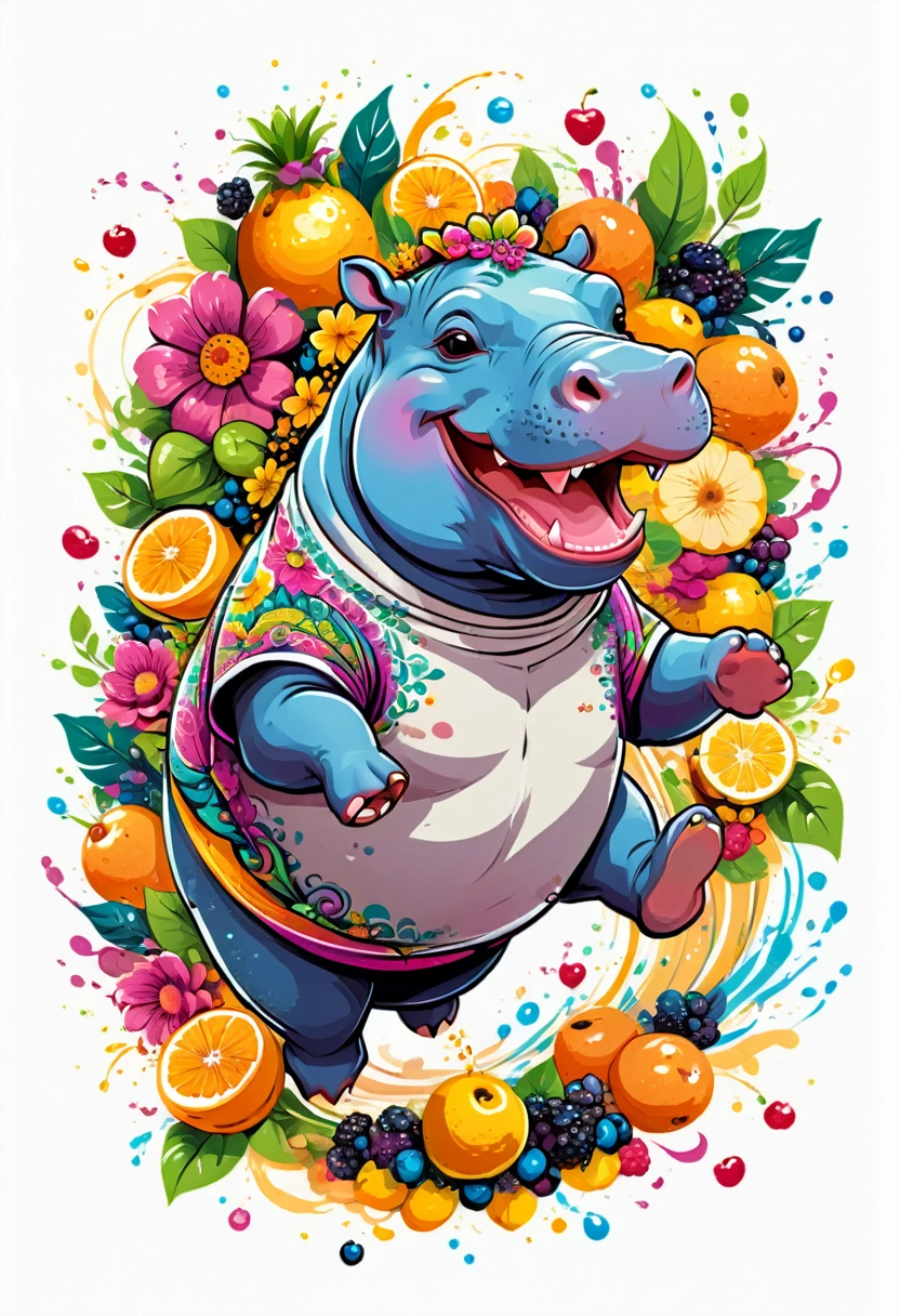  T-shirt designs, vectorial art, colorful illustration of a smiling hippo running, At the center, swirly vibrant colors, flowers, fruits, high détail,white backdrop, t shirt design.
(work of art, best qualityer, proffesional, perfect composition, very aesthetic, absurdrez, super verbose, details Intricate:1.3)