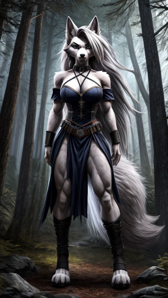 anthro furry wolf female warrior, Blue eyes, long white hair, (hold giant-sword :1.3), naked, topless, fierce, dynamic pose, full moon in medieval town at night, dark atmosphere, horror