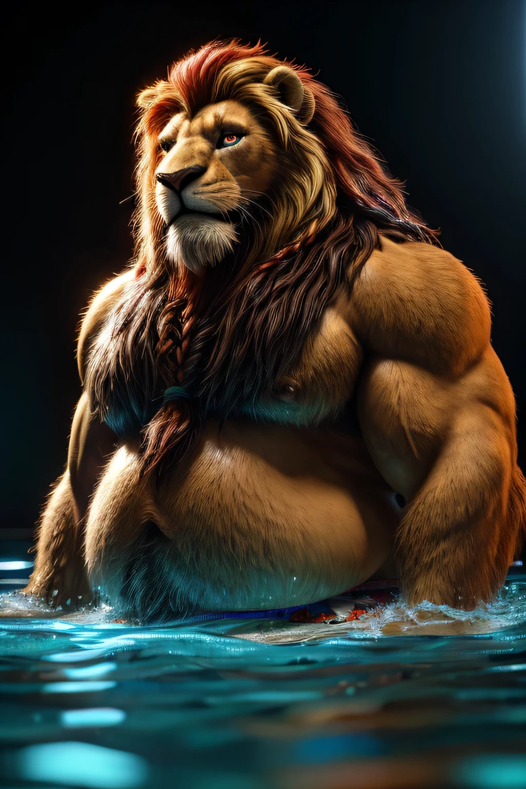 a very fat lion with a long blonde and red mane, beautiful detailed eyes, braided black beard, realistic hand, long fur, very hairy, extremely obese lion, very big and fat belly, tight red boxer, in a little swimming, photorealistic, highly detailed, 8k, ultra-realistic, HDR, studio lighting, physically-based rendering, cinematic lighting, dramatic lighting, warm color tones, vibrant colors