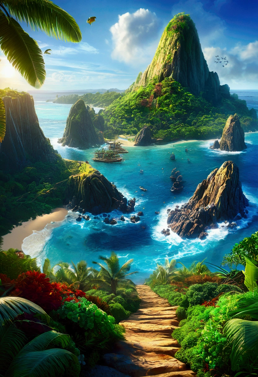 Mysterious Island, Mysterious atmosphere, exaggerate lighting, by Edward Gorey, no_human, cinematic still, (best quality, masterpiece), very aesthetic, perfect composition, intricate details, ultra-detailed, vivid colors