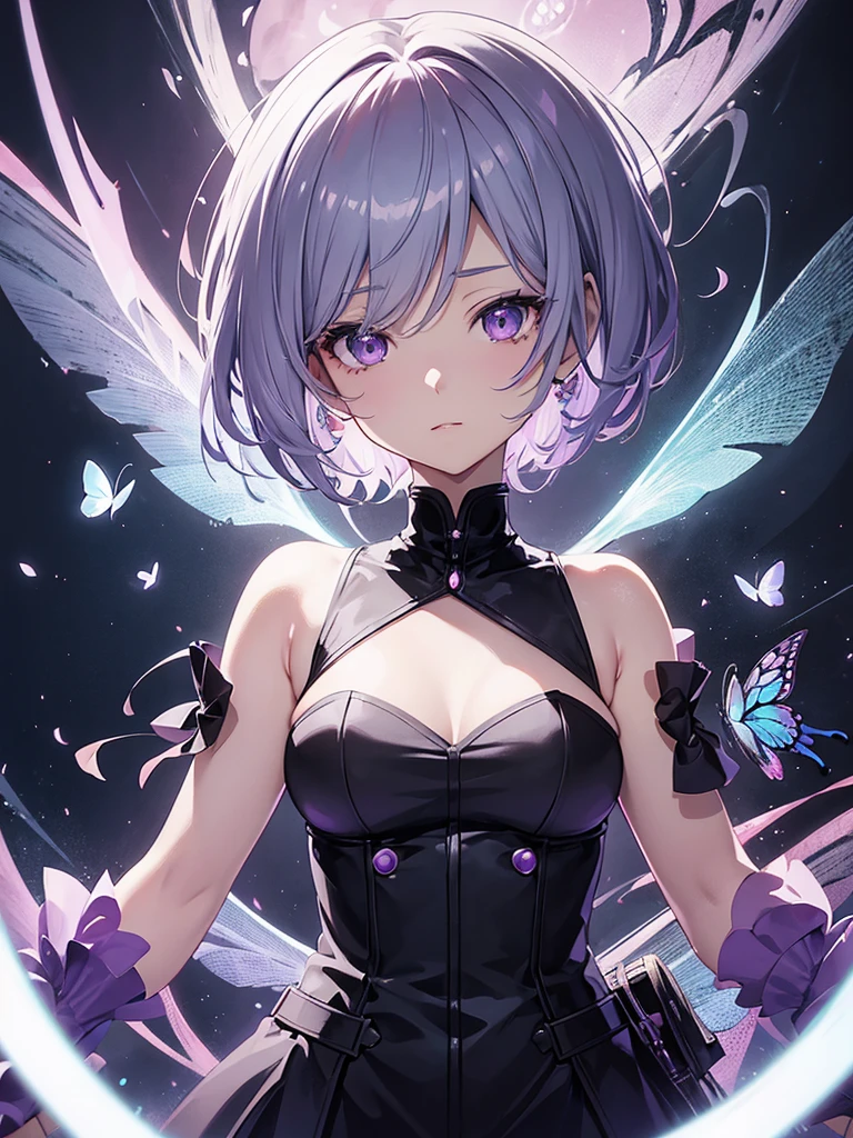 8k wallpaper，detailedbackground，Highest high resolution，silber hair，Bandeau Dress，tight-fitting，Castle background，A princess，butterflys，rays of moonlight，Hair covers one eye
