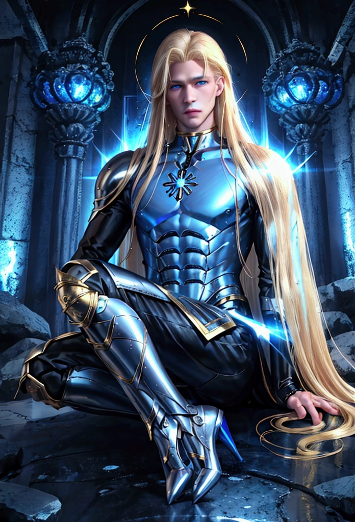 (masculine) (man) (blond hair) (blond hair muy largo que llega hasta los talones) (hair down to heels) (android parts) (blue eyes) (blue eyes brillantes) (man androide) Her hair is long and blonde, has blue eyes, He wears a black tunic with some red and yellow details.) (black tunic and some gold details) (surrounded by stars)(a single model) (solo un man)