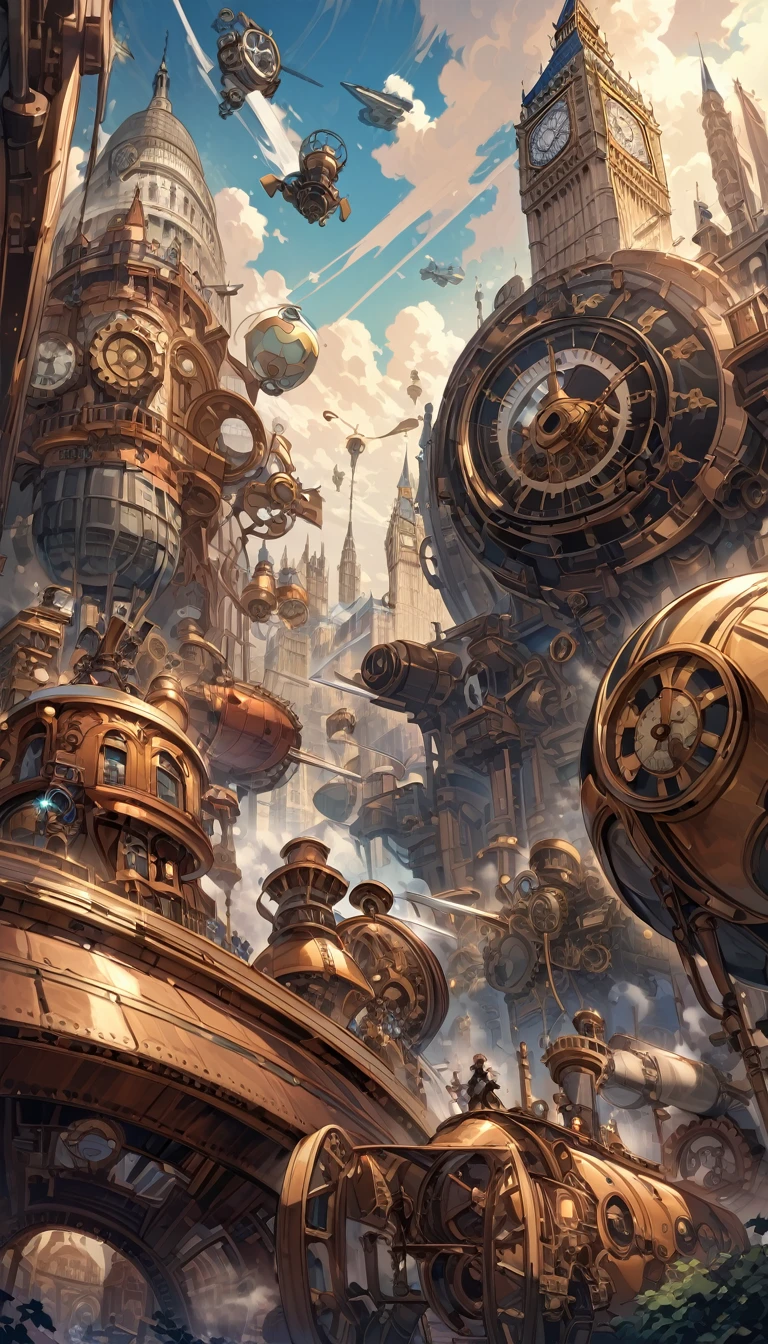 (steampunk, steampunk city landscape:1.2),steam, steam engines, boilers, pipes,clockwork, gogs, gears, (The Great Bell, Big Ben, London_eye, sky voyage, London), fantasy, alien_planet, OL_type1, dirigibles and airships float above cities, decorated with brass and rivets, steam-powered flying machines, ornithopters with mechanical wings in the sky, cabins equipped with gears, vivid, sharp,(intricate:1.2), (masterpiece:1.2), (best quality:1.2), (absurdres:1.2), (detailed background),,sparkling, jewels,(art inspired by Bill Sienkiewicz). oil painting)
