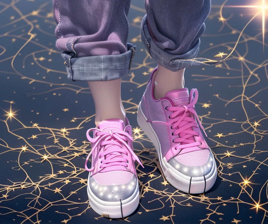 ((Highest quality,masterpiece,Extremely complex and exquisite details,White high-heeled shoes,Pink flannel texture thick-soled sneakers,white shoelaces,Consistent shoes,Correct anatomy)),starry sky galaxy background