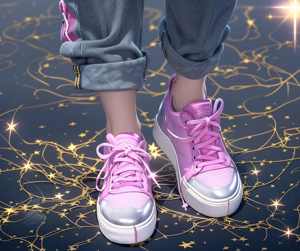 ((Highest quality,masterpiece,Extremely complex and exquisite details,White high-heeled shoes,Pink flannel texture thick-soled sneakers,white shoelaces,Consistent shoes,Correct anatomy)),starry sky galaxy background