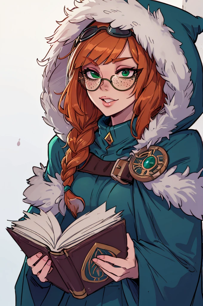 masterpiece, best quality, 1female, bunny ears, beautiful, aurora (league of legends), 1girl, freckles, bangs, braid, green cloak, fur trim, hood up, round eyewear, holding book, open book, bunny girl, cheerful