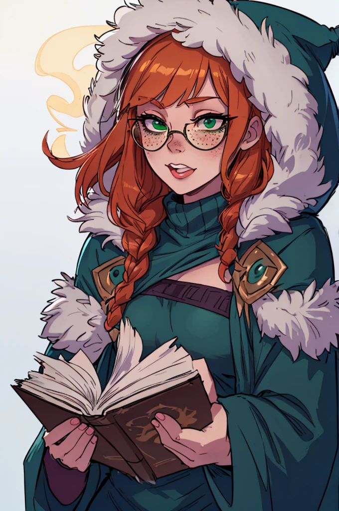 masterpiece, best quality, 1female, bunny ears, beautiful, aurora (league of legends), 1girl, freckles, bangs, braid, green cloak, fur trim, hood up, round eyewear, holding book, open book, bunny girl, cheerful