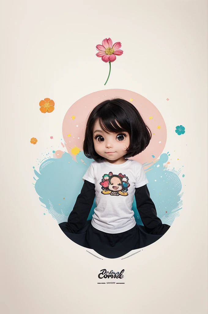 Sealion, chibi, air bubble, flowers, vivid color, splash of color, cute, illustrator, digitl art, White background, image for t-shirt design, vectorized black contours, ultrarealistic details, 32K,