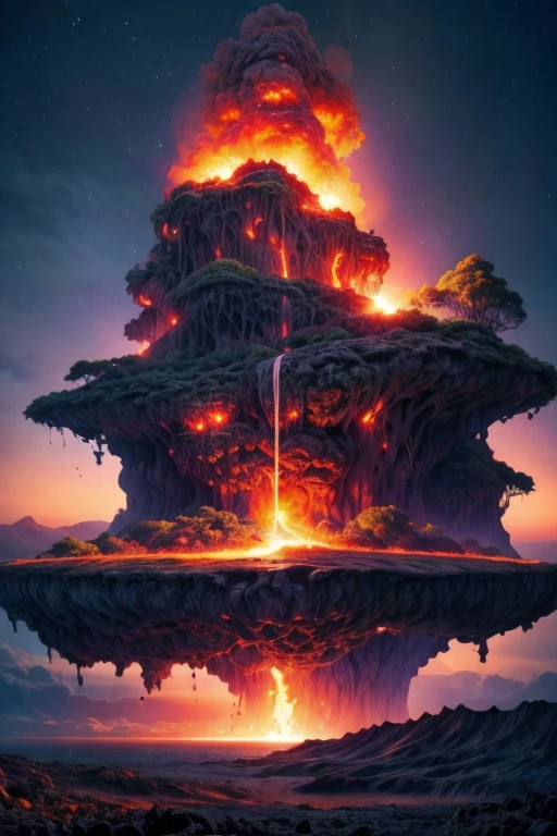 A mystical mysterious island above the sky, Volcanic ash clouds surrounding it, volcano island, lava flow, mysterious atmosphere, lava, mystical, fantasy, digital art, intricate details, 8k, photorealistic, hyperrealistic, cinematic lighting, dramatic lighting, high quality, intricate details, masterpiece, digital art