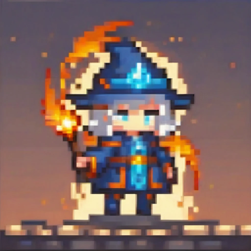  A chibi female character in vibrant orange and blue elementalist robes from a magic academy fantasy, holding a glowing staff. She has phoenix wings and feathers, glowing golden eyes, and elegant horns. The staff radiates with fire and water effects, and she is in a dynamic casting pose. The artwork features cinematic lighting and moody colors, in a digital art, concept art style.