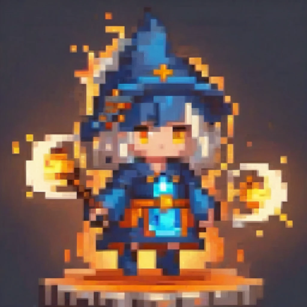  A chibi female character in vibrant orange and blue elementalist robes from a magic academy fantasy, holding a glowing staff. She has phoenix wings and feathers, glowing golden eyes, and elegant horns. The staff radiates with fire and water effects, and she is in a dynamic casting pose. The artwork features cinematic lighting and moody colors, in a digital art, concept art style.