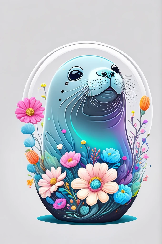 Chibi Seal, air bubble, flowers, vivid color, splash of color, cute, illustrator, digitl art, White background, image for t-shirt design, vectorized black contours, ultrarealistic details, 32K,