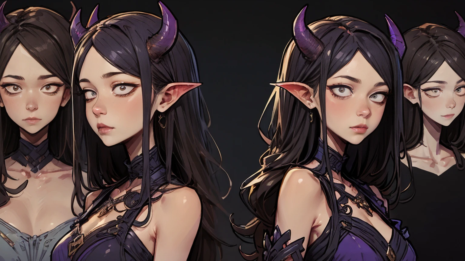 (Masterpiece, best quality), detailed, 1girl, ((character concept art)), ((character design sheet, same character, front, side, back)), many items, (Tiefling Girl, long purple hair, gray horns), intricate, fantasy, cinematic lighting, dramatic atmosphere, rich colors, highly detailed face, expressive eyes, detailed skin, sharp focus, elegant pose, fantasy outfit, ornate jewelry, detailed textures, delicate features, stunningly beautiful, serene expression, ethereal, mystical