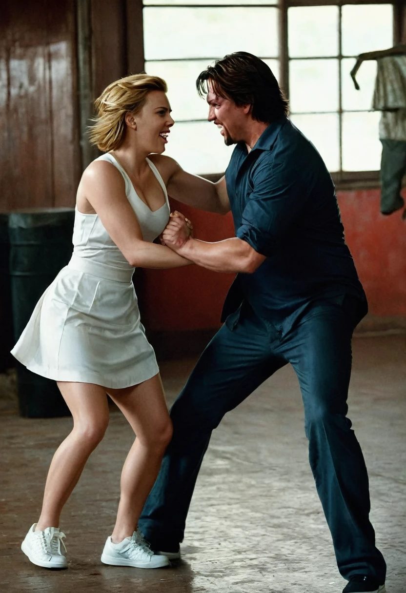 Stocky girl Scarlett Johansson, beautiful dress, white sneakers, punches a man in the stomach, perfect legs, perfect butt, straight hair, beautiful eyes, smile, perfect detail, (better lighting), girl fighting a man, sweat and blood, action shot,cinematic shot,cinematic lighting