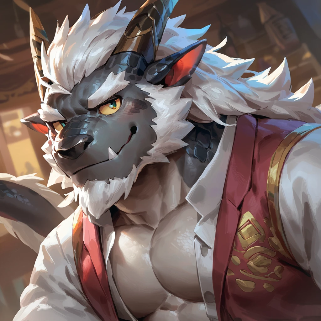 (artist: gamma_g, lindong, null-ghost, dangpa) 1male, sfw, eastern dragon, character design, bara, one fluffy tail, old man, fluffy mane, perfect eyes, grey body, white hair, background, solo, scales, detailed scales, golden decals, casual western clothes, sharp short ears, yellow iris, white sclera, big eyes, white beard, sharp iris, thick thighs, muscular legs, veiny, fluffy hair, detailed face:2.0, one tail, masterpiece:2.0, sharp fang, perfect eyes, smug, chest fluff, (SuperQuality:1.0) ~ (SuperQuality:1.2)