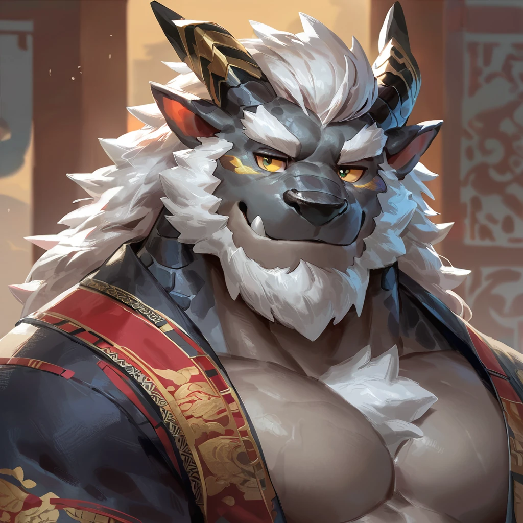 (artist: gamma_g, lindong, null-ghost, dangpa) 1male, sfw, eastern dragon, character design, bara, one fluffy tail, old man, fluffy mane, perfect eyes, grey body, white hair, background, solo, scales, detailed scales, golden decals, casual western clothes, sharp short ears, yellow iris, white sclera, big eyes, white beard, sharp iris, thick thighs, muscular legs, veiny, fluffy hair, detailed face:2.0, one tail, masterpiece:2.0, sharp fang, perfect eyes, smug, chest fluff, (SuperQuality:1.0) ~ (SuperQuality:1.2)