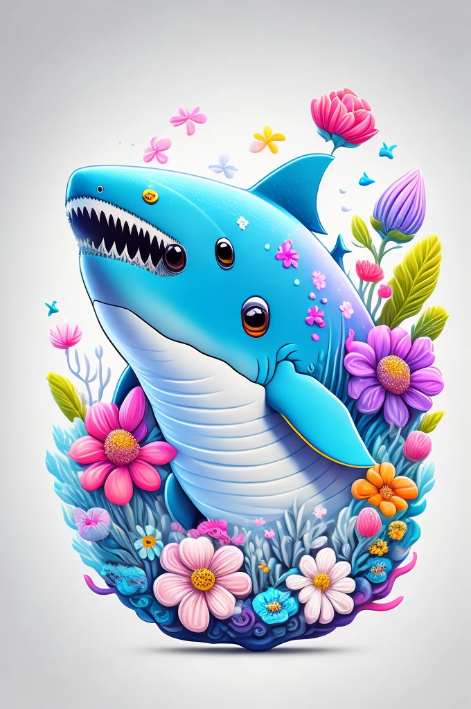 Chibi Shark, air bubble, flowers, vivid color, splash of color, cute, illustrator, digitl art, White background, image for t-shirt design, vectorized black contours, ultrarealistic details, 32K,