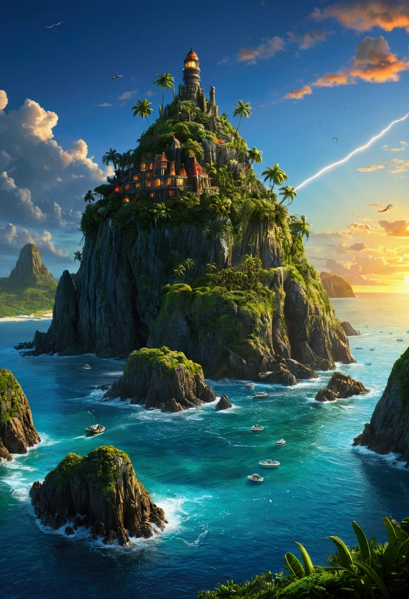 Mysterious Island, Mysterious atmosphere, exaggerate lighting, by Tang Yau Hoong, cinematic still, (best quality, masterpiece), very aesthetic, perfect composition, intricate details, ultra-detailed, vivid colors