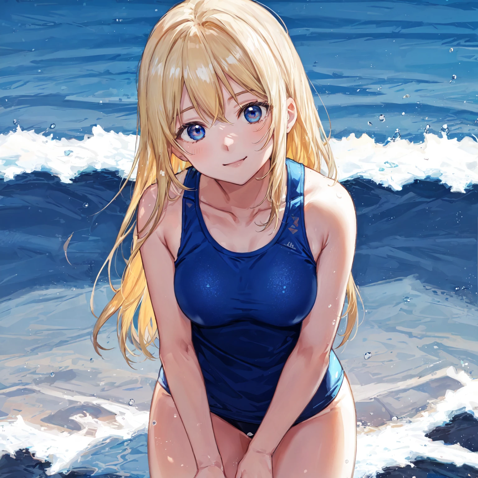 smile,closed mouth,look away,From above,school swim suit,peace,Sit on the beach,Photoreal 1;4,shoulder length blond hair, {{beautiful medium size breasts 1:4}},top quality,cute girl,high quality background, slanted eyes, detailed shirt chest wrinkles,BREAK, {{beautiful blue eye1:4}}, BREAK, five fingers