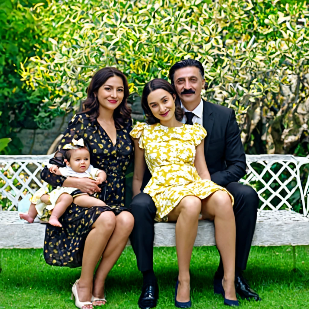 The man in his 50s with black very short hair and smooth face with moustache. The woman in her 55s with brown wavy long hair. The three girl in their 25s. The three boy in their 25s. The girl in her 15s. The baby boy in his 3s. The man is wearing a dark black suit with tie. The woman is wearing yellow floral dress.In the garden Istanbul Bosphorus view. The man and the woman are sitting. The baby boy is sitting on the man's lap. The 15s girl is sitting on the woman's lap.The girls and the boys are standing. Smiling. HDR. UHD. Cinematic.