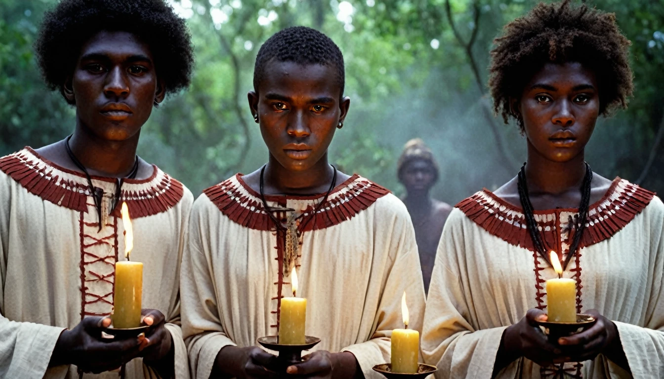 three young Americans aged 18 dressed in tunic, sacrificing animals with blood, candles, voodoo, clear and ultra realistic image