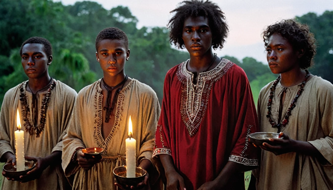 three young Americans aged 18 dressed in tunic, sacrificing animals with blood, candles, voodoo, clear and ultra realistic image
