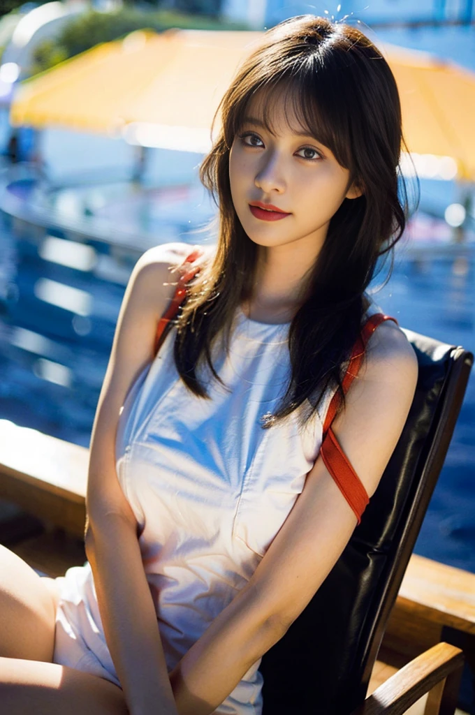 (8K、Raw photography、top-quality、masterpiece:1.2)、(realisitic、Photorealsitic:1.37)、ultra-detailliert、超A high resolution、女の子1人、see the beholder、beautifull detailed face、A smile、Constriction、(Slim waist) :1.3)、Beautiful detailed skin、Skin Texture、Floating hair、Professional Lighting、Whole human body、Longhaire、a blond、Bob Hair、white swimwear、b cup breasts、de pele branca、Lace Material