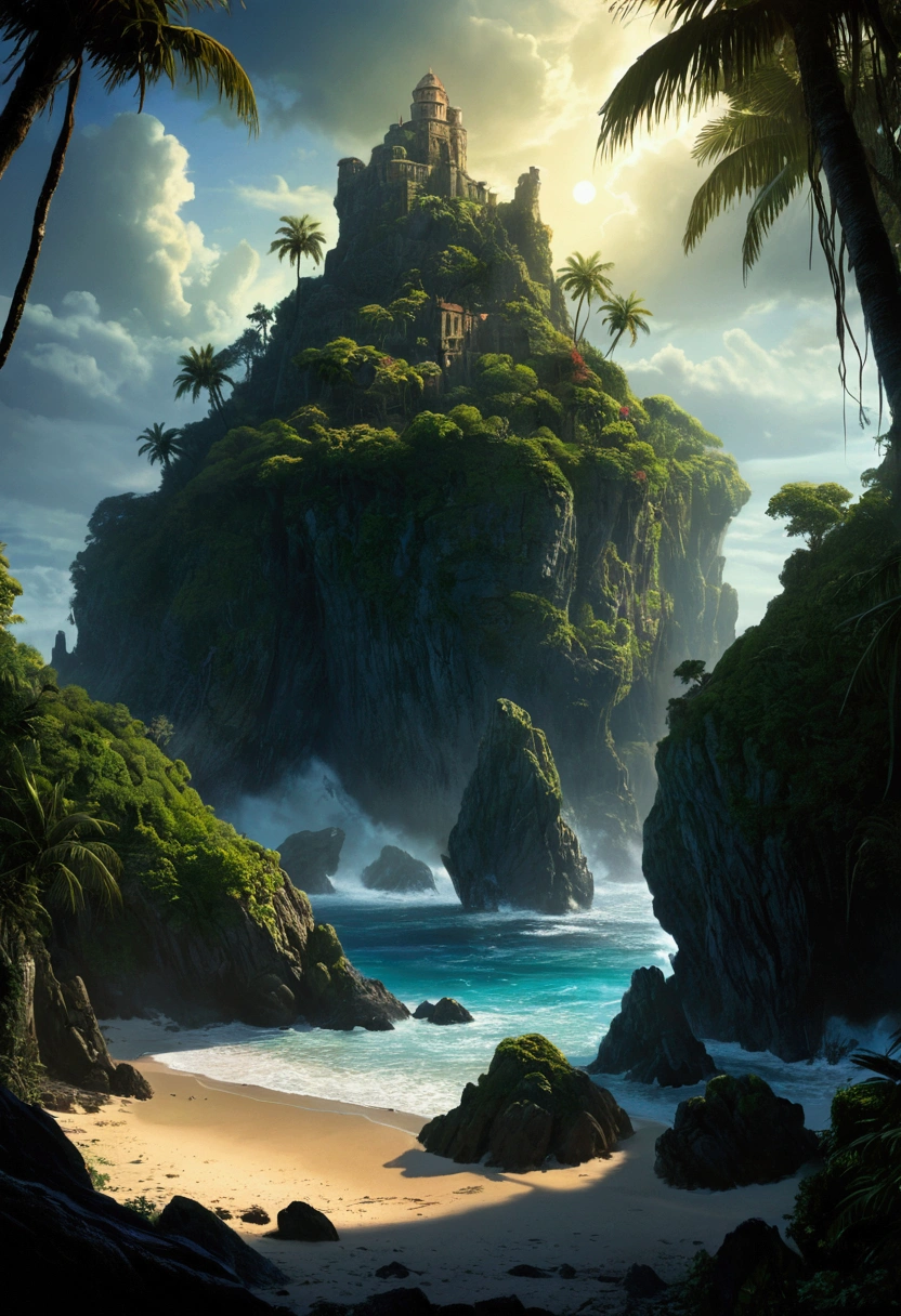 Mysterious Island, Mysterious atmosphere, exaggerate lighting, by Gabriele Dell'Otto, no_human, cinematic still, (best quality, masterpiece), very aesthetic, perfect composition, intricate details, ultra-detailed, vivid colors