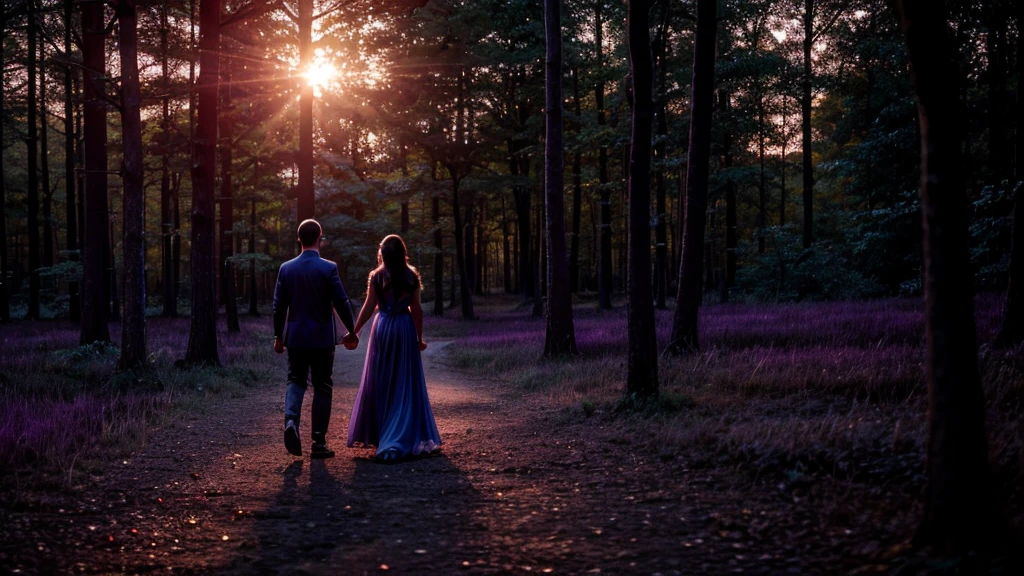 Create a twilight scene in a mystical forest with two silhouettes wandering along a well-lit path. The sky is a gradient of deep blues and purples, with the last light of the setting sun casting a soft glow. Fireflies dance around, adding points of light to the scene. In the background, faint images of happy memories are visible, blending with the trees. The atmosphere should be serene and slightly melancholic, with a touch of magic and nostalgia.8k