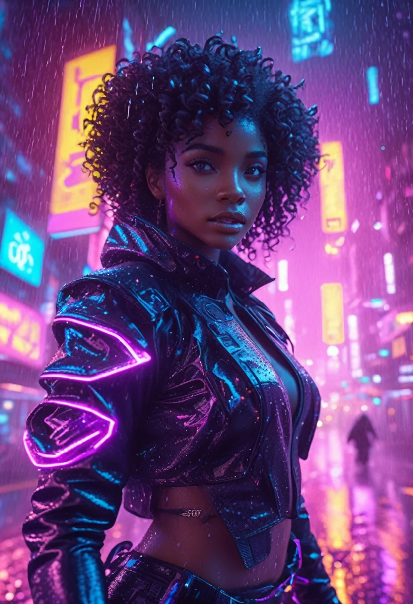 Beautiful black woman with curly hair and african designed neon lit futuristic clothes, riding a hover bike flying above the neon lit cyberpunk city, night time with rain pouring,  32k, ultra HD, unreal engine rendered, cinematic lighting 