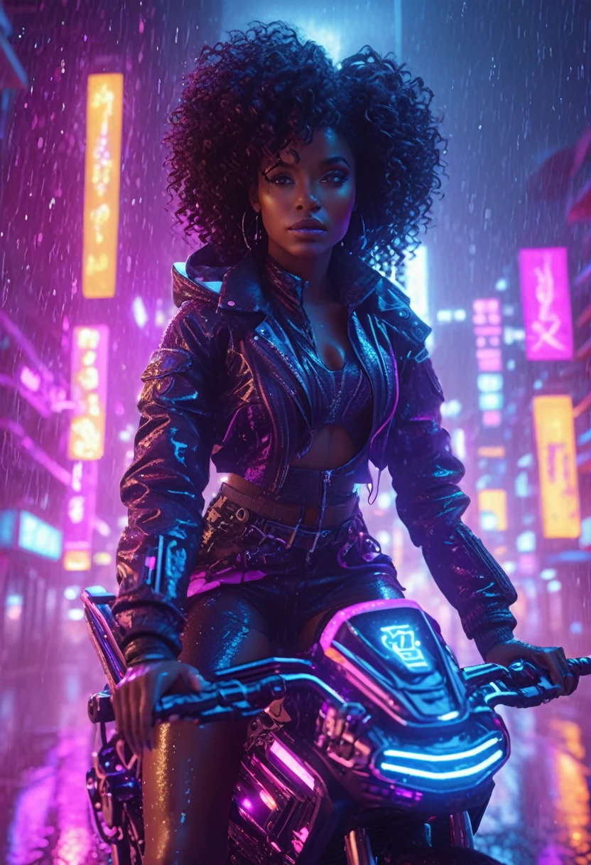 Beautiful black woman with curly hair and african designed neon lit futuristic clothes, riding a hover bike flying above the neon lit cyberpunk city, night time with rain pouring,  32k, ultra HD, unreal engine rendered, cinematic lighting 