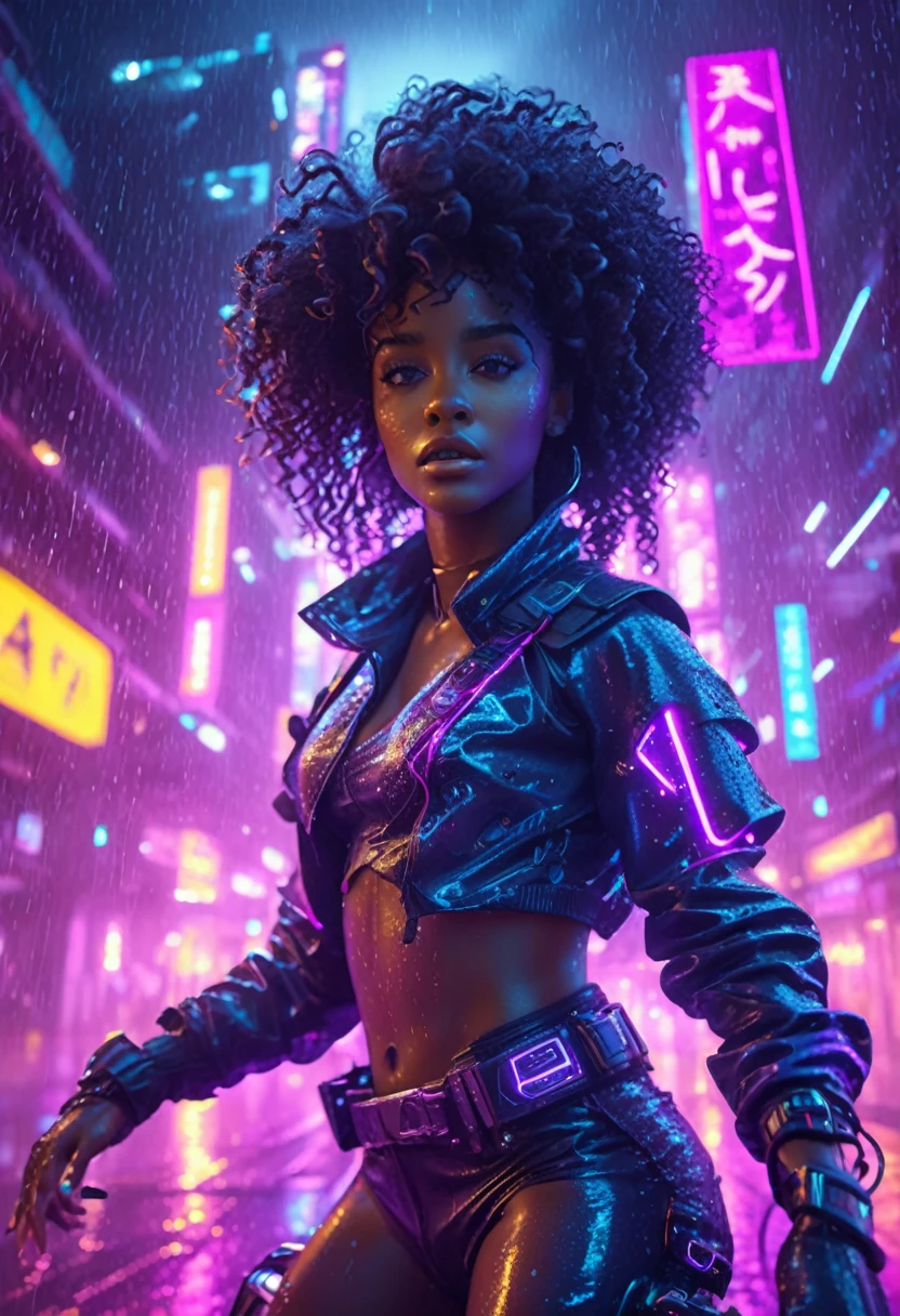 Beautiful black woman with curly hair and african designed neon lit futuristic clothes, riding a hover bike flying above the neon lit cyberpunk city, night time with rain pouring,  32k, ultra HD, unreal engine rendered, cinematic lighting 