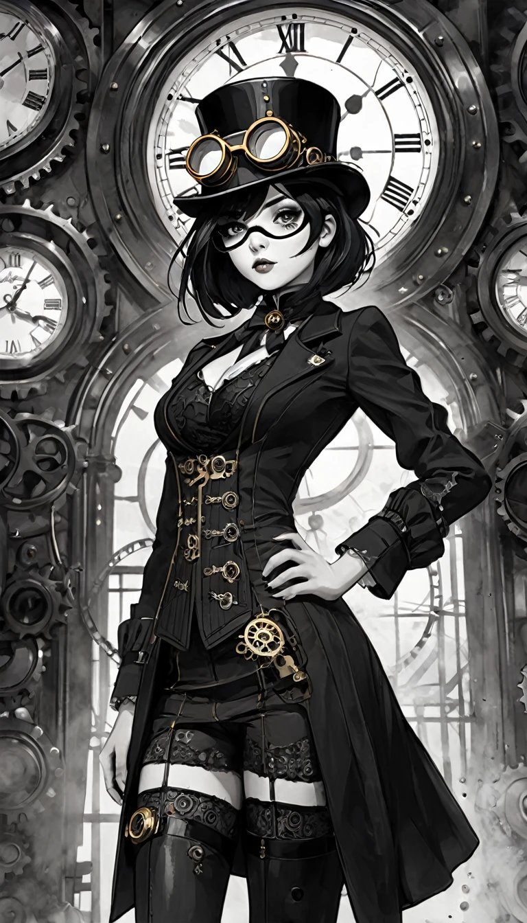 (ultra detailed perfect piece:1.2), illustration, masterpiece,(dimensional distortion:1.2),a woman wearing a (steampunk:1.2) outfit poses, solo, 1girl, hat, top hat, goggles,(Inside the clock tower),(steam:1.3),gear background,black hair,middle hair,bob cut,hair ribbon,black eyes,Gothic, dark, sketchy, monochrome, long eyelashes, big eyes, cute,(art inspired by Bill Sienkiewicz). oil painting)