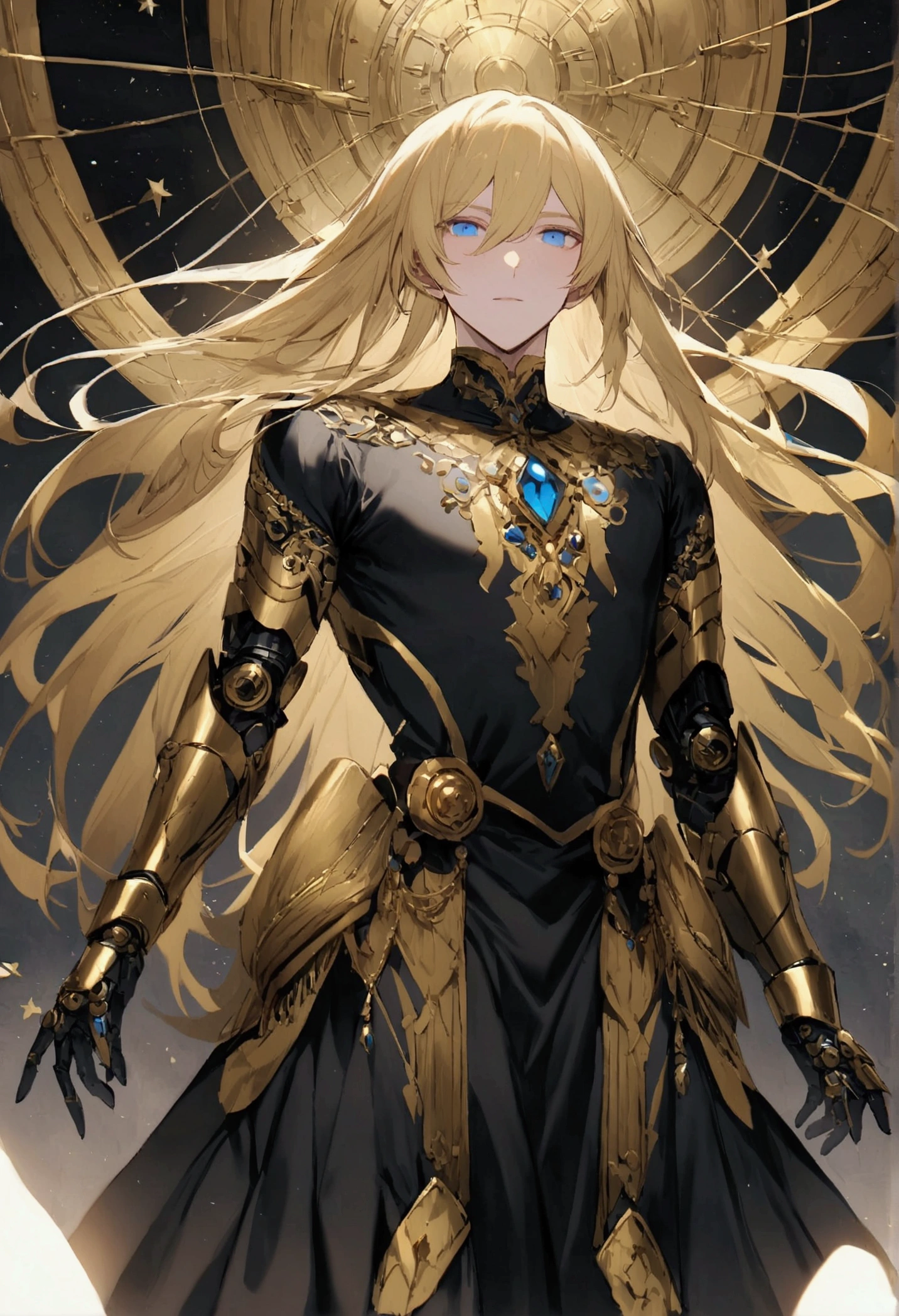 (masculine) (man) (blond hair) (blond hair muy largo que llega hasta los talones) (hair down to heels) (android parts) (blue eyes) (blue eyes brillantes) (man androide) Her hair is long and blonde, has blue eyes, He wears a black tunic with some red and yellow details.) (black tunic and some gold details) (surrounded by stars) (robotic details) (a single model) (solo un man)