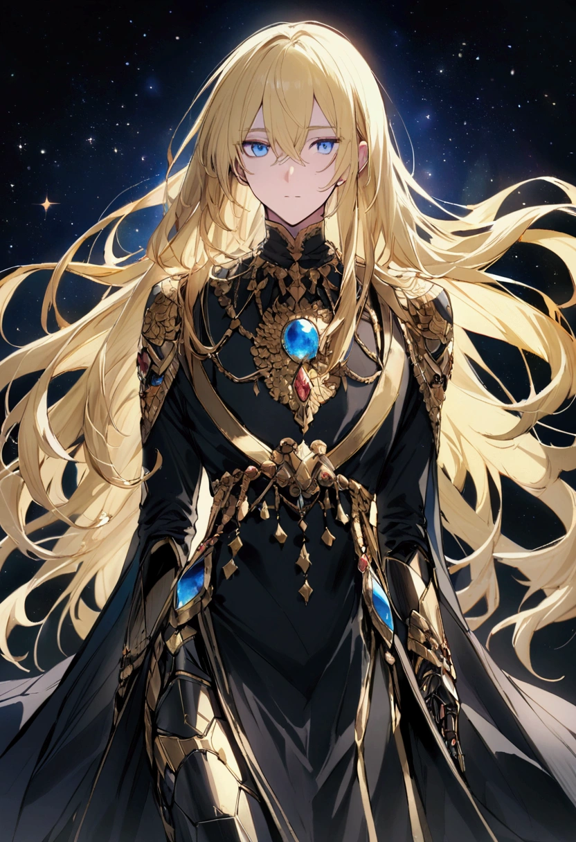 (masculine) (man) (blond hair) (blond hair muy largo que llega hasta los talones) (hair down to heels) (android parts) (blue eyes) (blue eyes brillantes) (man androide) Her hair is long and blonde, has blue eyes, He wears a black tunic with some red and yellow details.) (black tunic and some gold details) (surrounded by stars) (robotic details) (a single model) (solo un man)