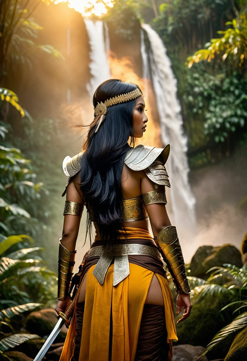 ((masterpiece)), ((best quality)), ((highres)), extremely detailed)), ((1 girl as Pocahontas)), full body, Native Sri lanken woman, beautiful woman shot from front view, Big breast, (super realistic), (peerless beauty), detailed skin texture, detailed cloth texture, beautiful detailed face, intricate details, ultra detailed, indigenes feather jewelry, feather headdress, ((traditional yellow handmade dress)) ((armed female hunter warrior)), on desert, (dynamic pose), (random angles), smile, look at the viewer, ultra realistic, concept art, elegant, ((intricate)), ((highly detailed)), depth of field, ((professionally color graded)), soft ambient lighting, dusk, (Best quality, A high resolution, Photorealistic, primitive, 8K,Masterpiece, ),Best quality, Masterpiec8K.hdr. High ribs:1.2, filmgrain, Blur bokeh:1.2, Lens flare, (vivd colour:1.2), (Delicate),