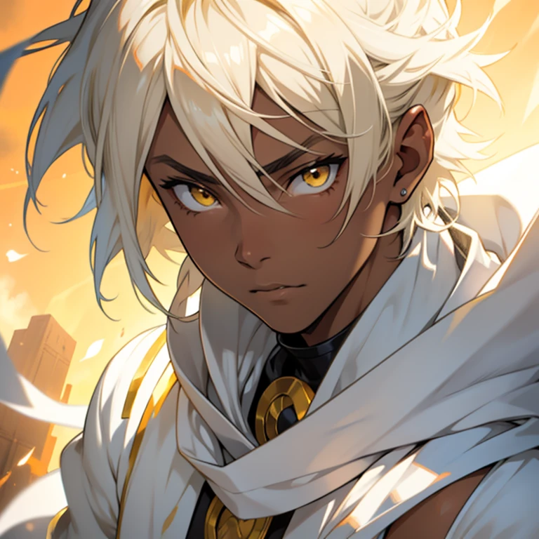 anime young black , white bleached hair, golden yellow eyes, tan skin, average build, fighter, close up head shot, sunny background, flowing white shawl