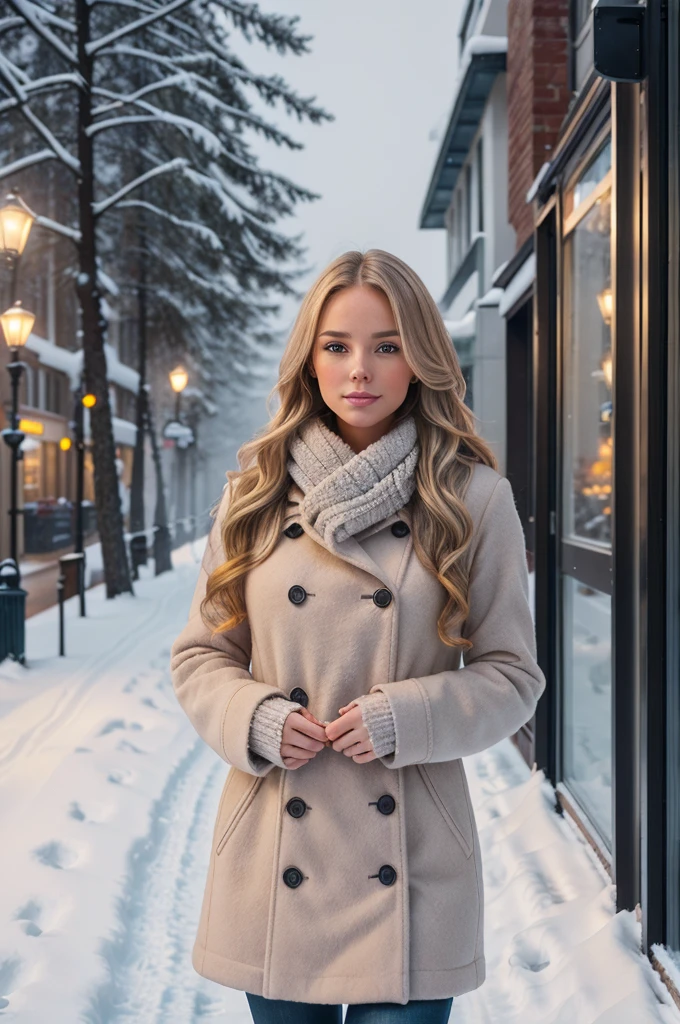 professional portrait photograph of a gorgeous Norwegian girl in winter clothing with long wavy blonde hair, sultry flirty look, gorgeous symmetrical face, cute natural makeup, wearing elegant warm winter fashion clothing, ((standing outside in snowy city street)), stunning modern urban environment, ultra realistic, concept art, elegant, highly detailed, intricate, sharp focus, depth of field, f/1. 8, 85mm, medium shot, mid shot, (((professionally color graded))), bright soft diffused light, (volumetric fog), trending on instagram, hdr 4k, 8k