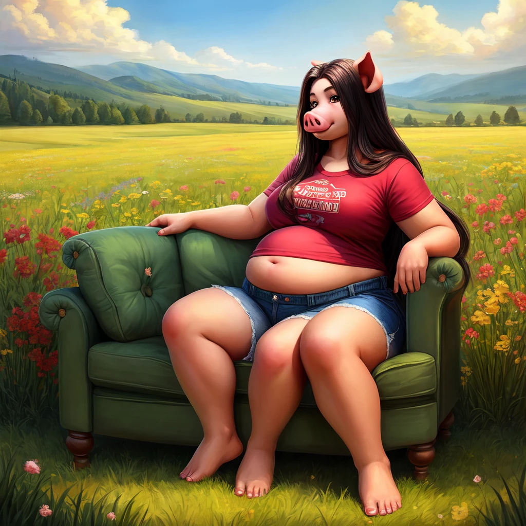((Best quality)), ((masterpiece)), (detailed), pig, pig girl, furry pig, big body, большой body, is sitting, field,armchair, smooth belly, shorts, серые shorts, T-shirt, View from afar, long hair