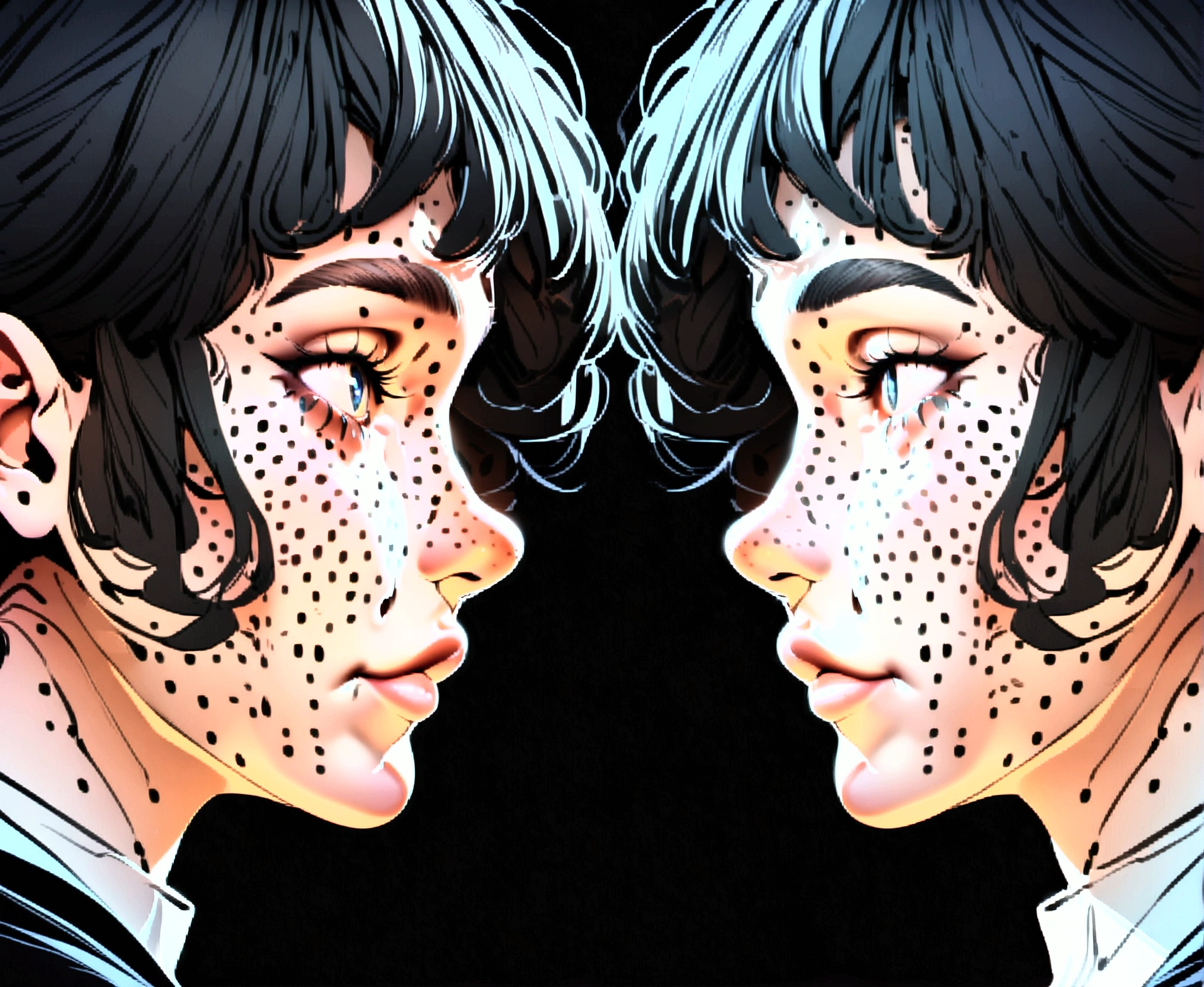 (Same character, front, side, back), (head only), generative front view, generative side view, generative back view, 3 view, female, extremely detailed, character reference sheet, black background, Huge lips styled eyebrows, freckled face, beautiful face, extremely detailed face