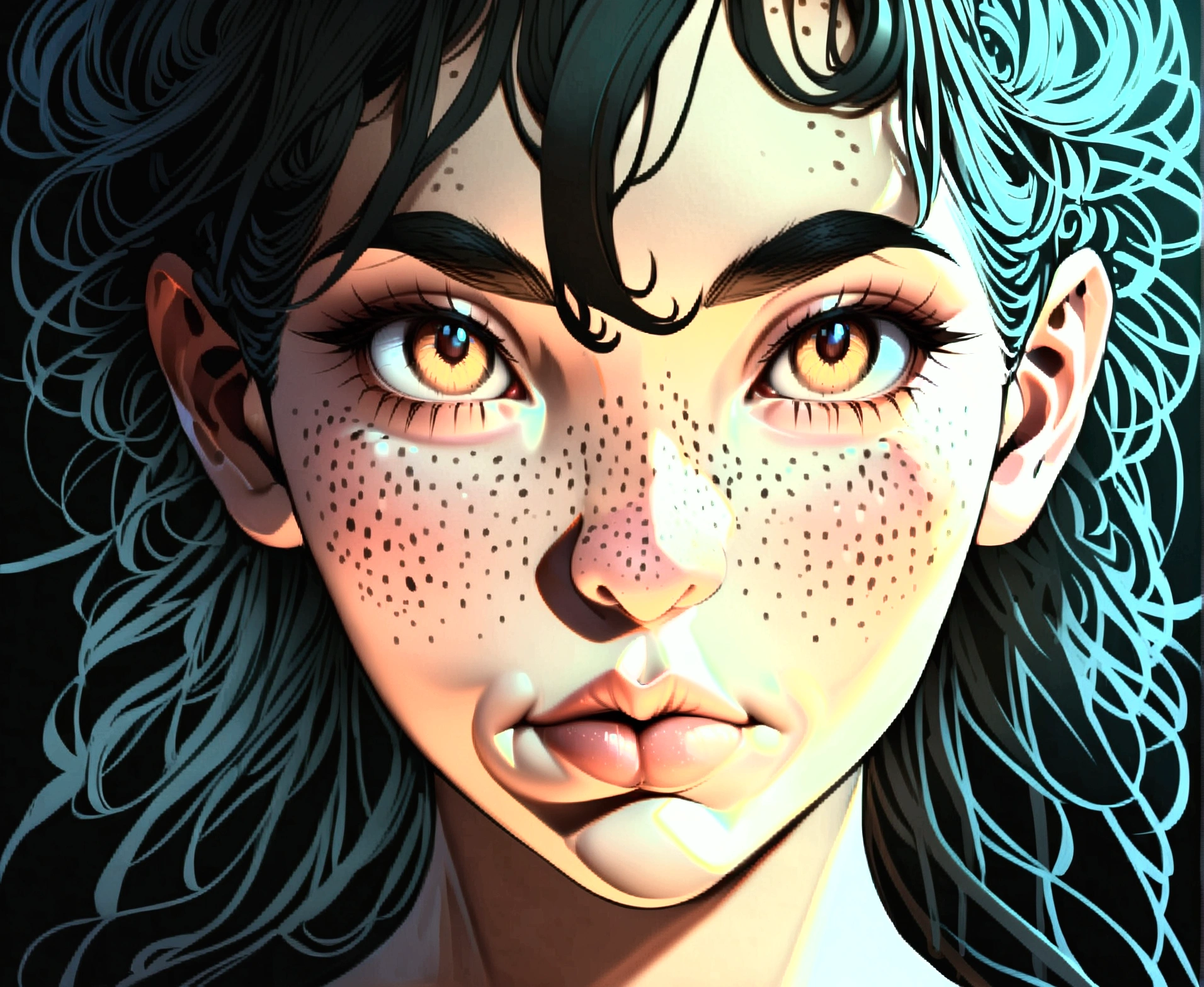 (Same character, front, side, back), (head only), generative front view, generative side view, generative back view, 3 view, female, extremely detailed, character reference sheet, black background, Huge lips styled eyebrows, freckled face, beautiful face, extremely detailed face